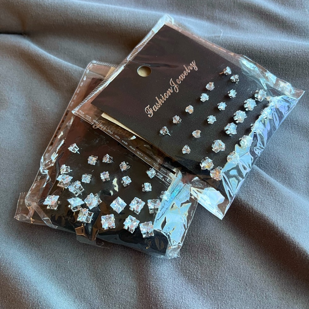 2 Set Elegant Square and Heart Crystal Earrings Set